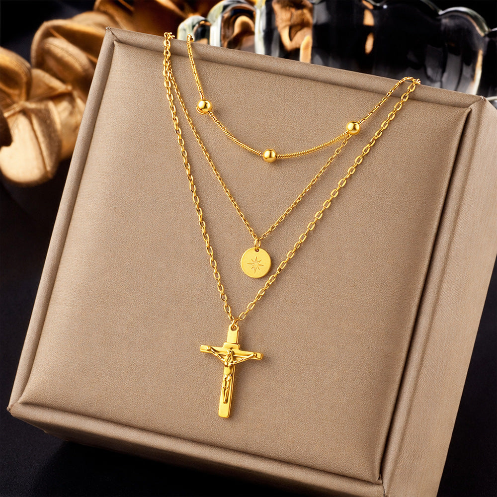 Punk Style Cross Necklace For Men And Women, 18K Real Gold Plated On Durable 304 Stainless Steel