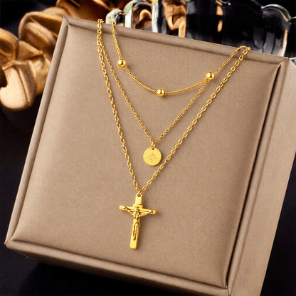 Punk Style Cross Necklace For Men And Women, 18K Real Gold Plated On Durable 304 Stainless Steel