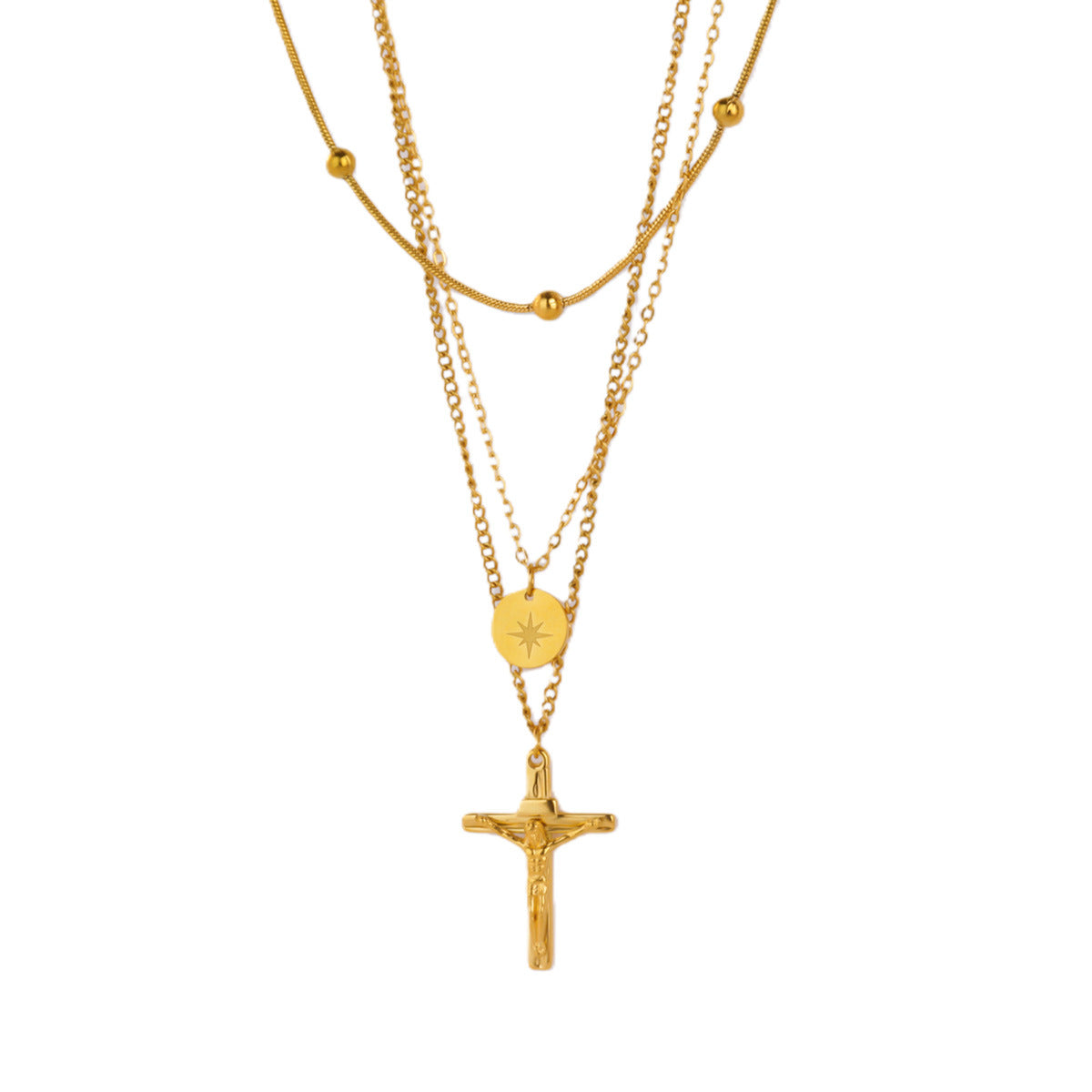 Punk Style Cross Necklace For Men And Women, 18K Real Gold Plated On Durable 304 Stainless Steel