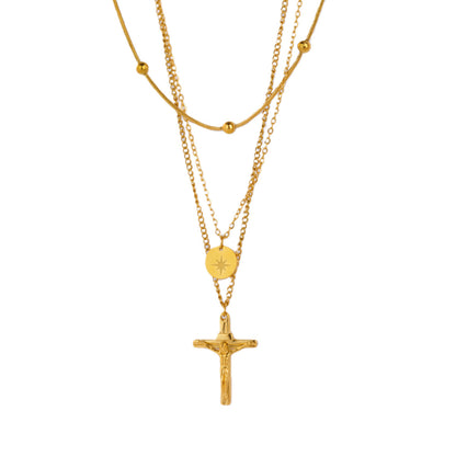 Punk Style Cross Necklace For Men And Women, 18K Real Gold Plated On Durable 304 Stainless Steel