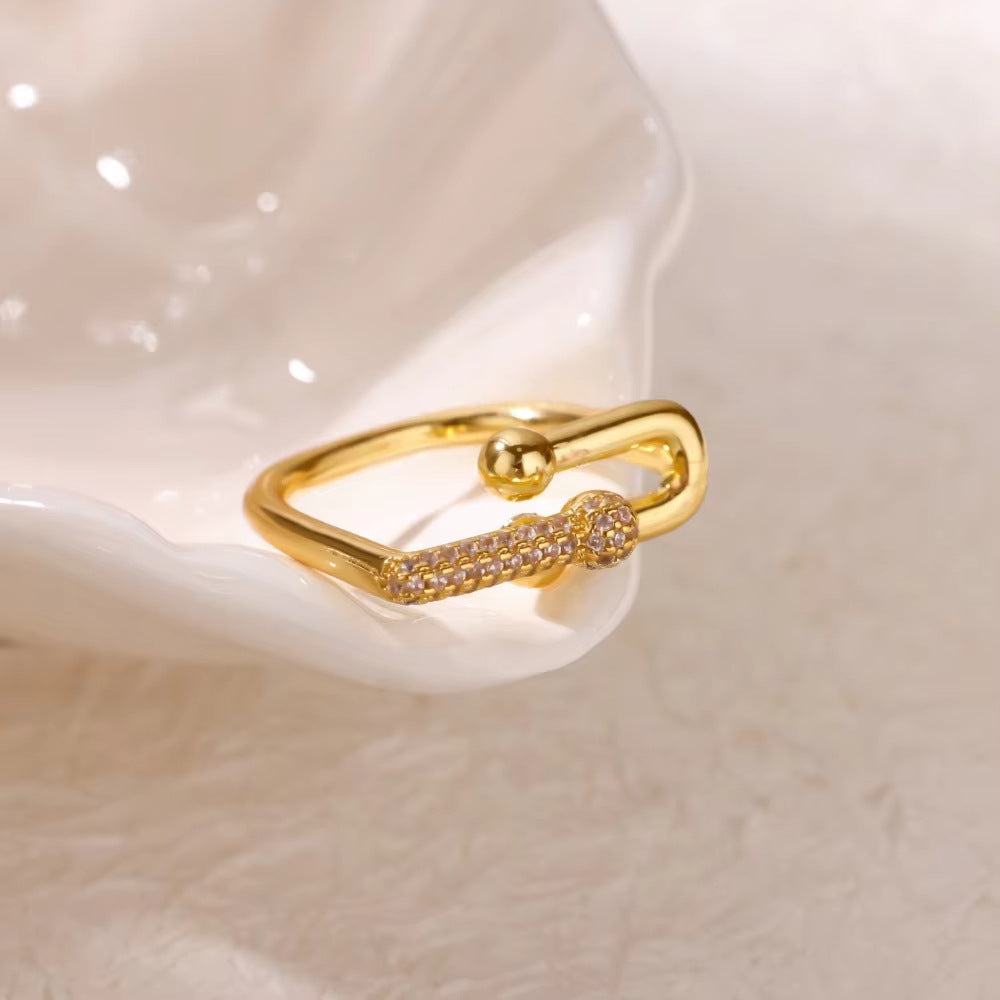 Golden Open Ring For Women Featuring Zircon Inlay Material, Stylish Jewelry Accessory