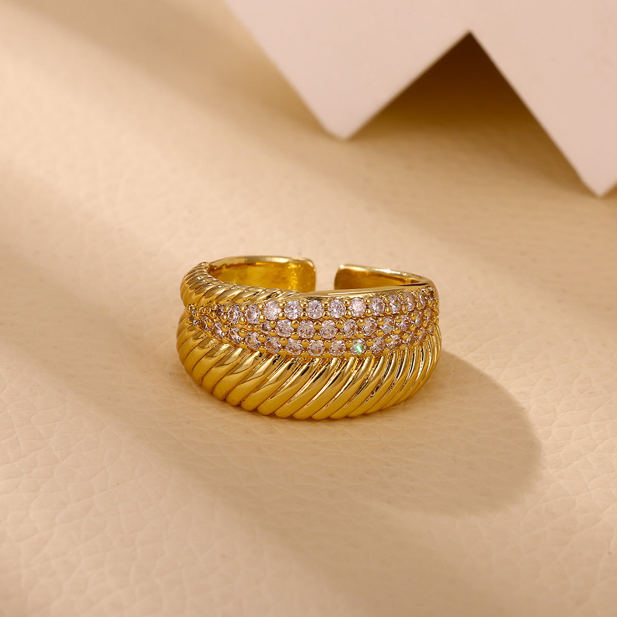 Golden Open Ring For Women Featuring Zircon Inlay Material, Stylish Jewelry Accessory
