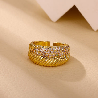Golden Open Ring For Women Featuring Zircon Inlay Material, Stylish Jewelry Accessory