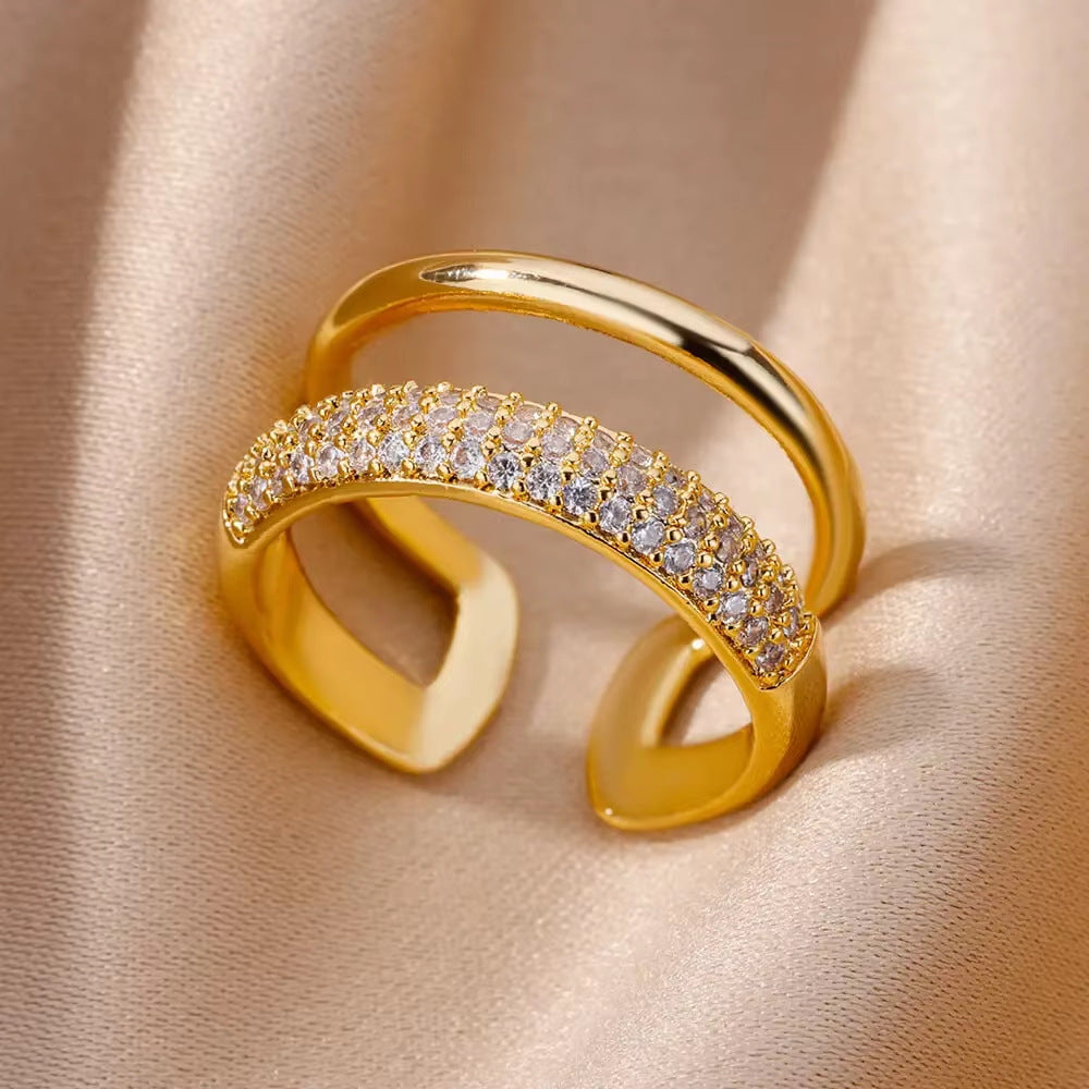 Golden Open Ring For Women Featuring Zircon Inlay Material, Stylish Jewelry Accessory