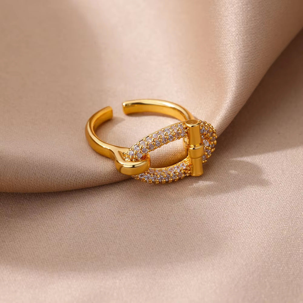 Golden Open Ring For Women Featuring Zircon Inlay Material, Stylish Jewelry Accessory