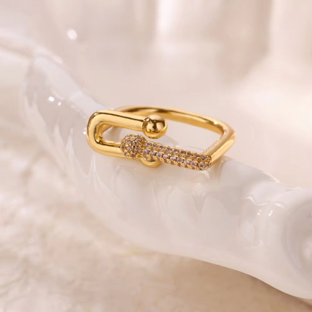 Golden Open Ring For Women Featuring Zircon Inlay Material, Stylish Jewelry Accessory