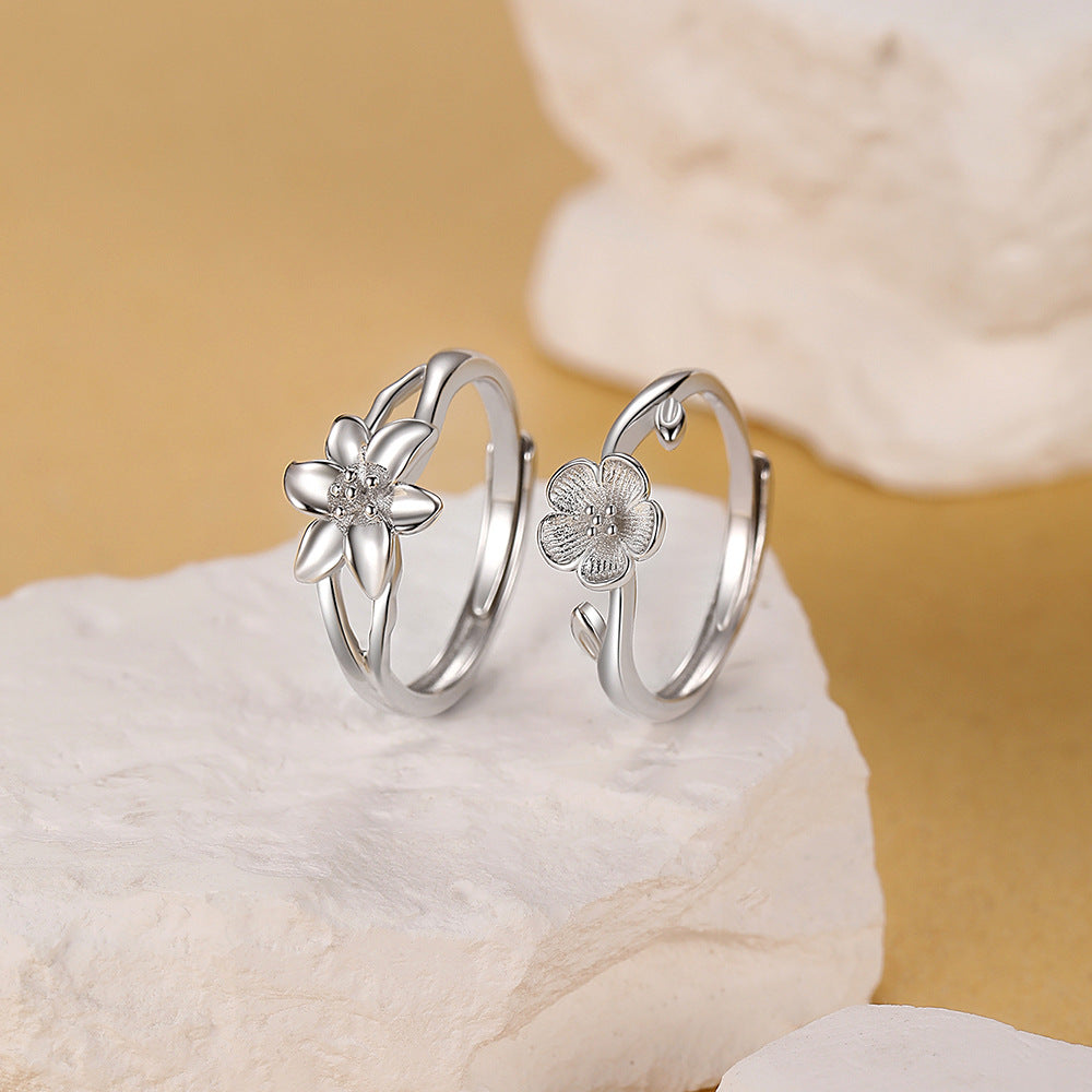 925 Sterling Silver Flowers Rings For Valentine's Day, 1 Pair In Silver