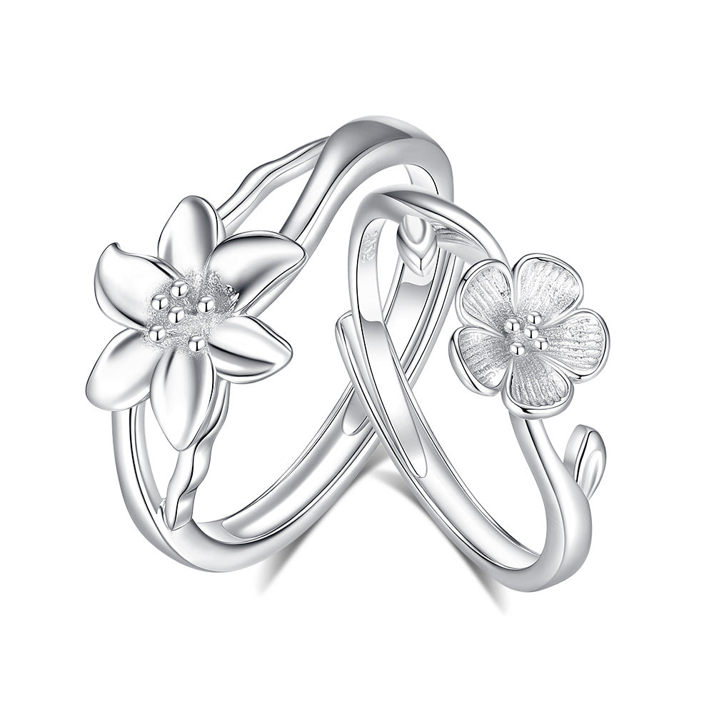 925 Sterling Silver Flowers Rings For Valentine's Day, 1 Pair In Silver