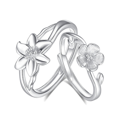 925 Sterling Silver Flowers Rings For Valentine's Day, 1 Pair In Silver