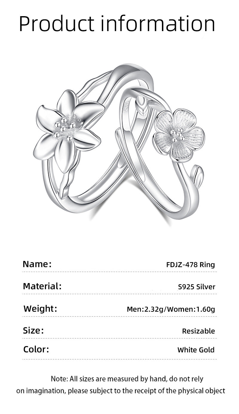 925 Sterling Silver Flowers Rings For Valentine's Day, 1 Pair In Silver