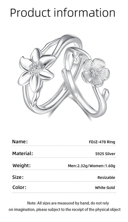925 Sterling Silver Flowers Rings For Valentine's Day, 1 Pair In Silver