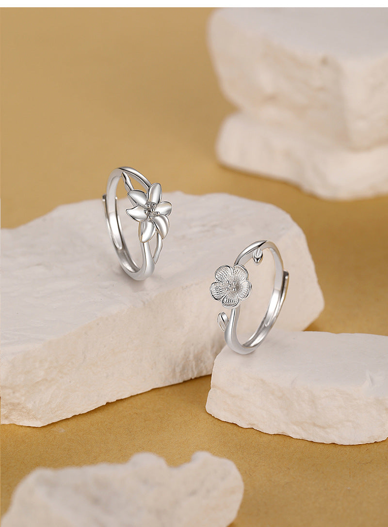 925 Sterling Silver Flowers Rings For Valentine's Day, 1 Pair In Silver