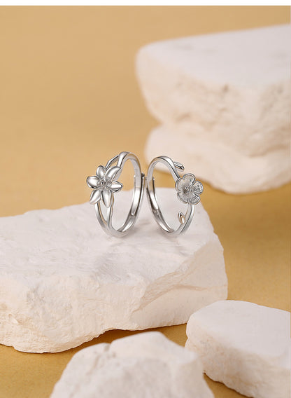 925 Sterling Silver Flowers Rings For Valentine's Day, 1 Pair In Silver