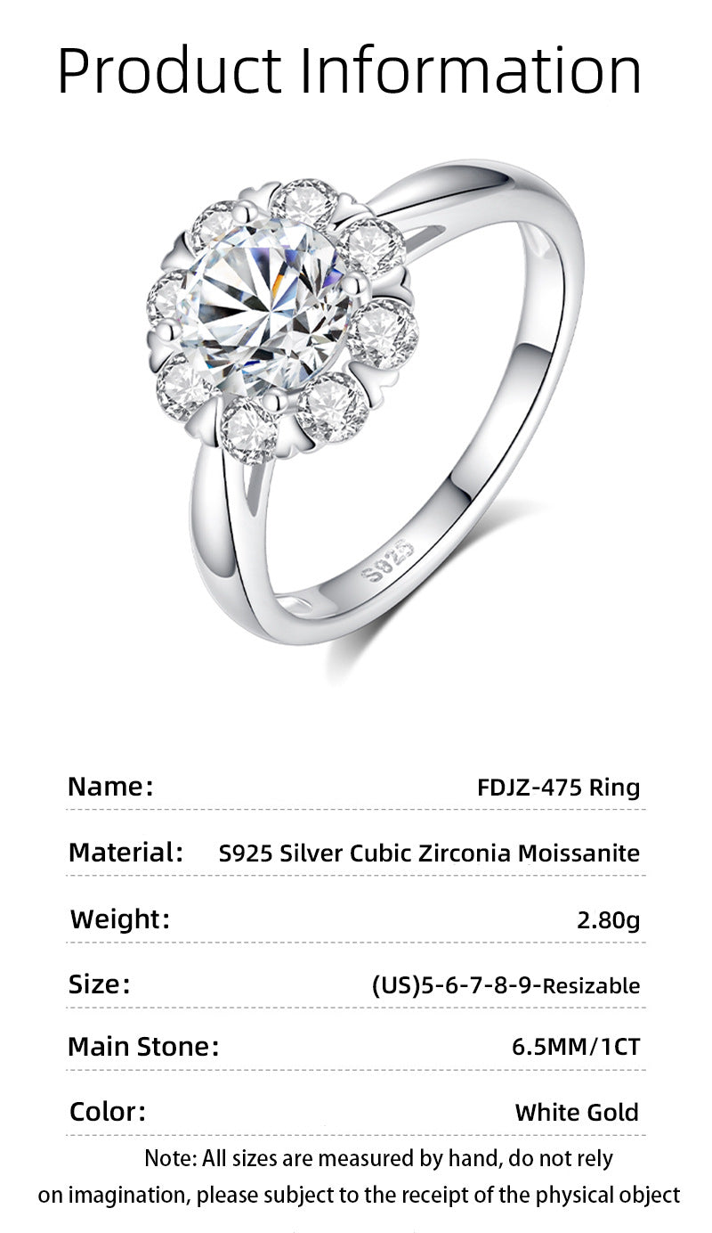 925 Sterling Silver Flowers Ring For Women Featuring Moissanite Inlay