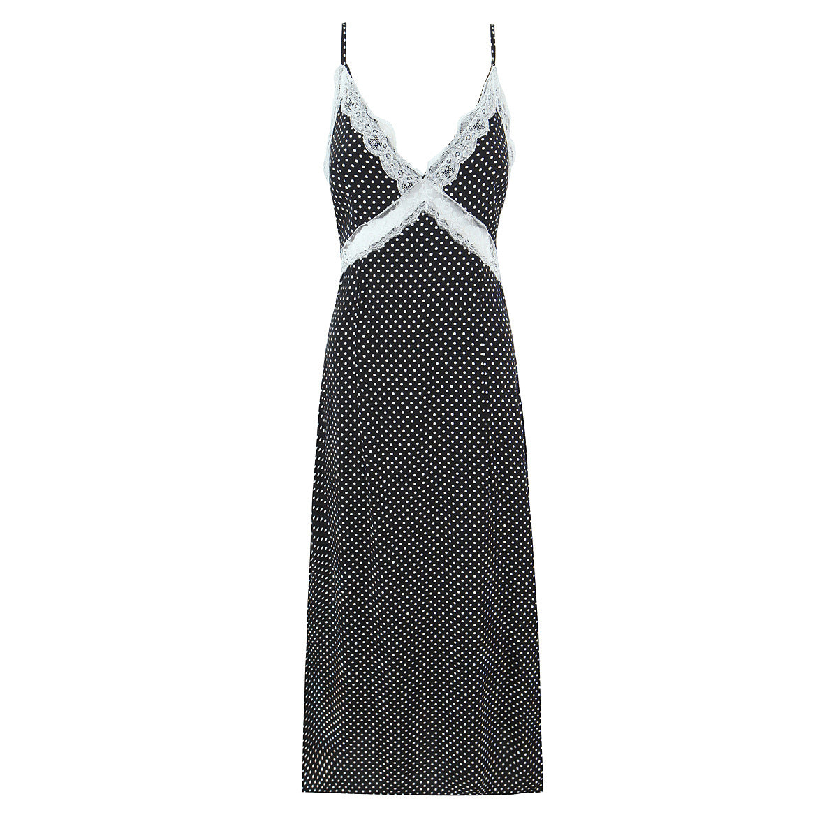 Polka Dots Sleeveless Strap Dress With Deep V Neckline In Polyester Maxi Long Dress