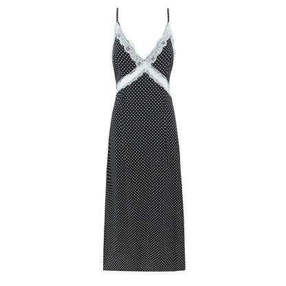 Polka Dots Sleeveless Strap Dress With Deep V Neckline In Polyester Maxi Long Dress
