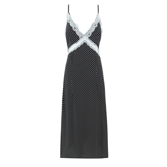 Polka Dots Sleeveless Strap Dress With Deep V Neckline In Polyester Maxi Long Dress