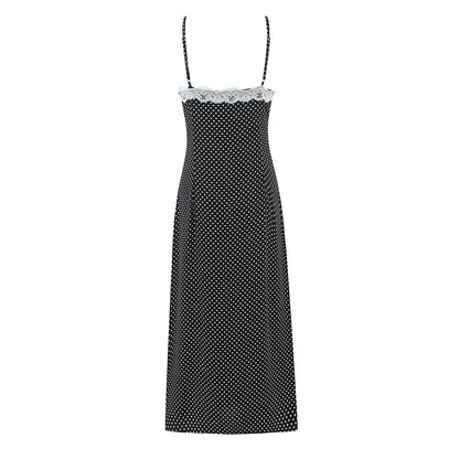 Polka Dots Sleeveless Strap Dress With Deep V Neckline In Polyester Maxi Long Dress