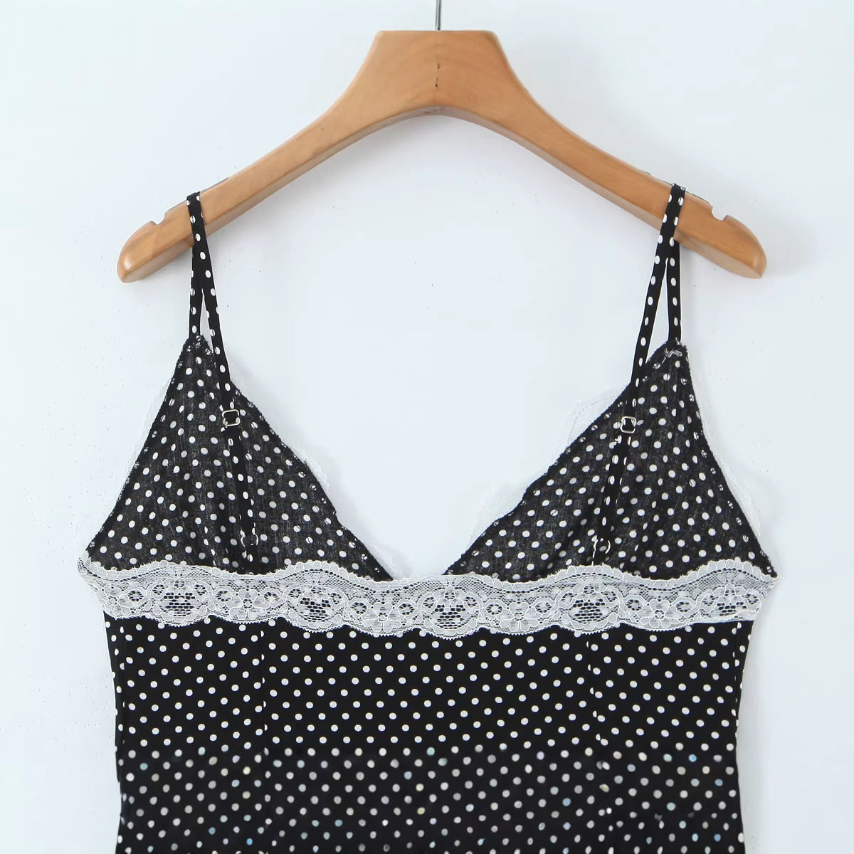 Polka Dots Sleeveless Strap Dress With Deep V Neckline In Polyester Maxi Long Dress