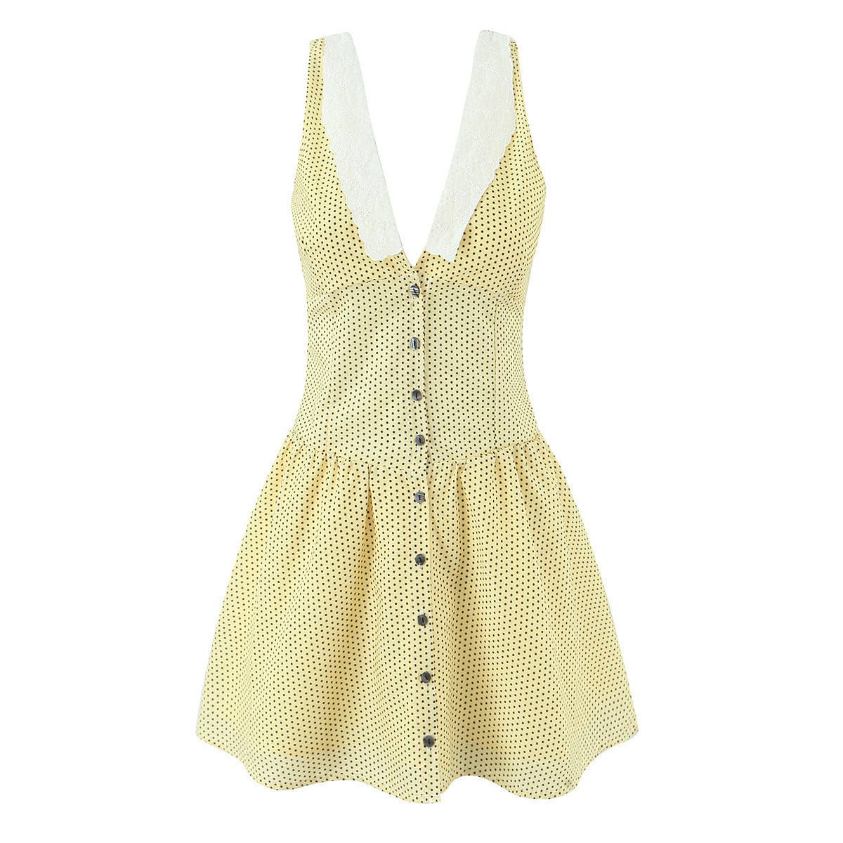 Sleeveless V Neck Polka Dot Dress In Polyester Fabric With Slim Fit And Knee-Length Design