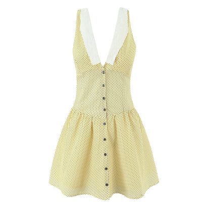 Sleeveless V Neck Polka Dot Dress In Polyester Fabric With Slim Fit And Knee-Length Design