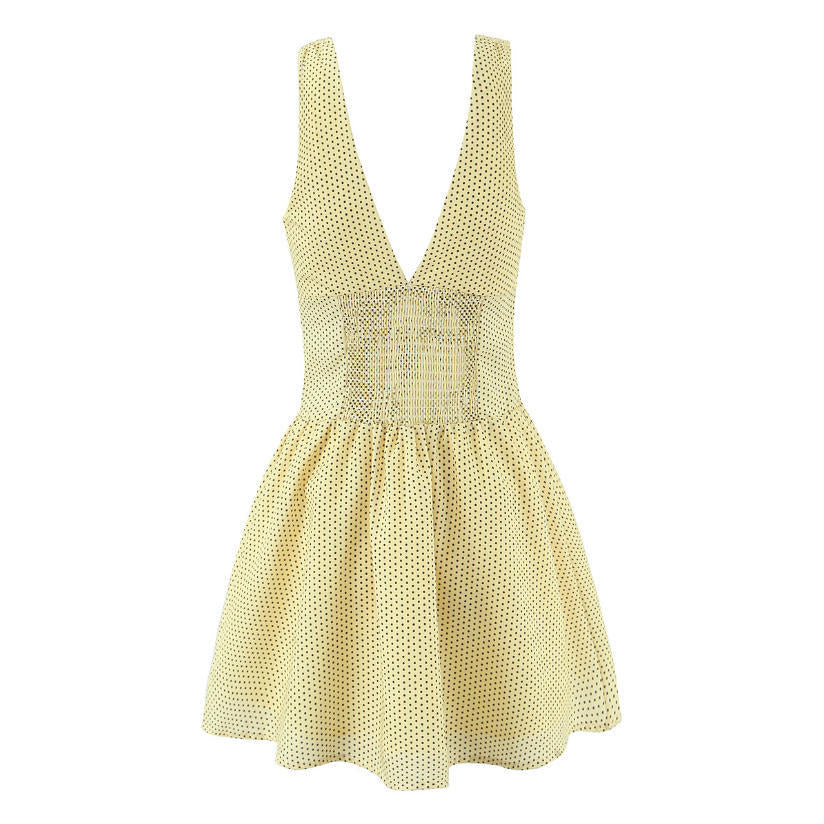 Sleeveless V Neck Polka Dot Dress In Polyester Fabric With Slim Fit And Knee-Length Design