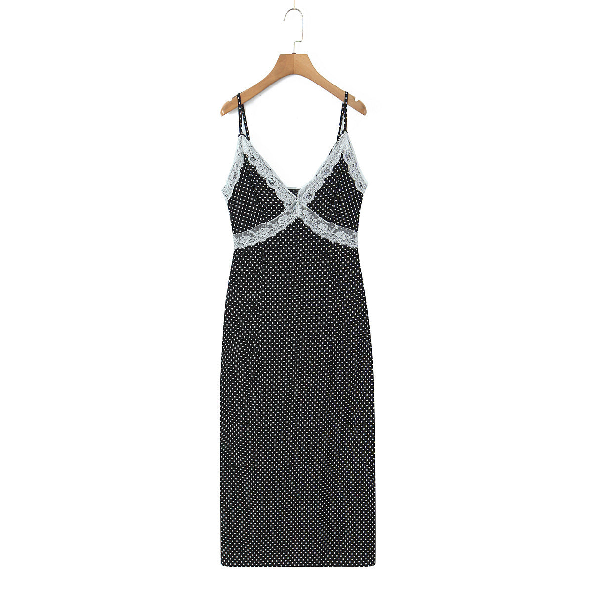 Polka Dots Sleeveless Strap Dress With Deep V Neckline In Polyester Maxi Long Dress