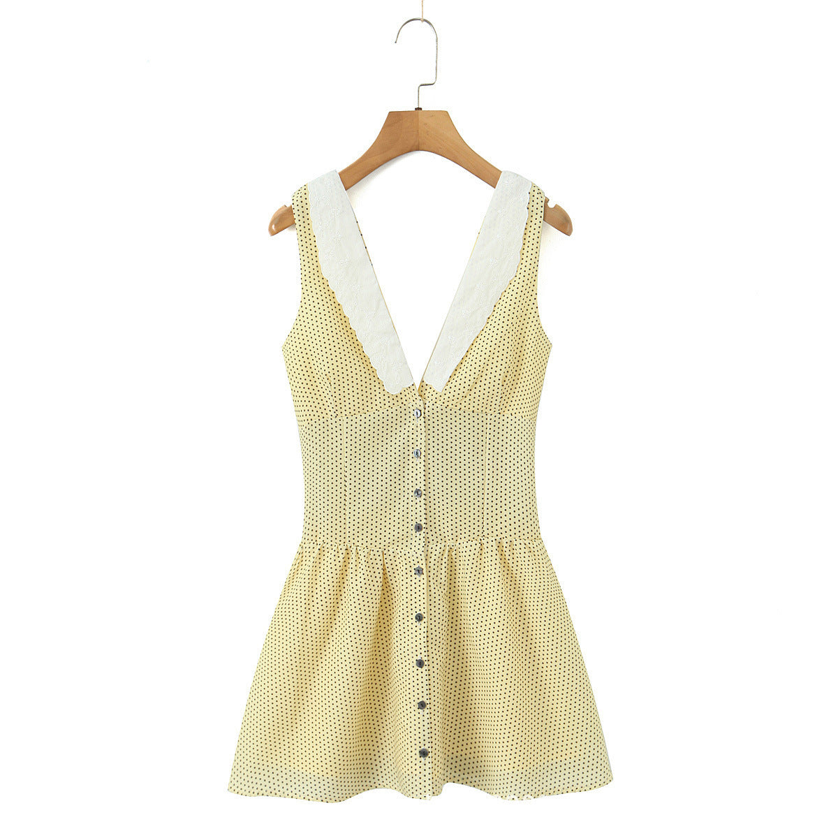 Sleeveless V Neck Polka Dot Dress In Polyester Fabric With Slim Fit And Knee-Length Design
