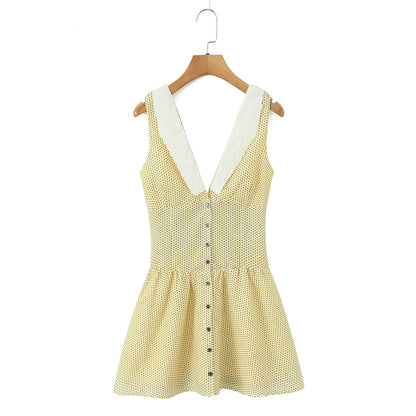 Sleeveless V Neck Polka Dot Dress In Polyester Fabric With Slim Fit And Knee-Length Design