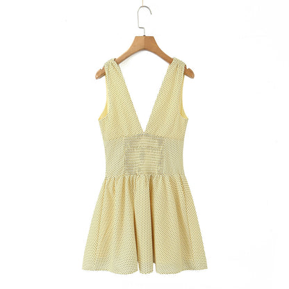 Sleeveless V Neck Polka Dot Dress In Polyester Fabric With Slim Fit And Knee-Length Design