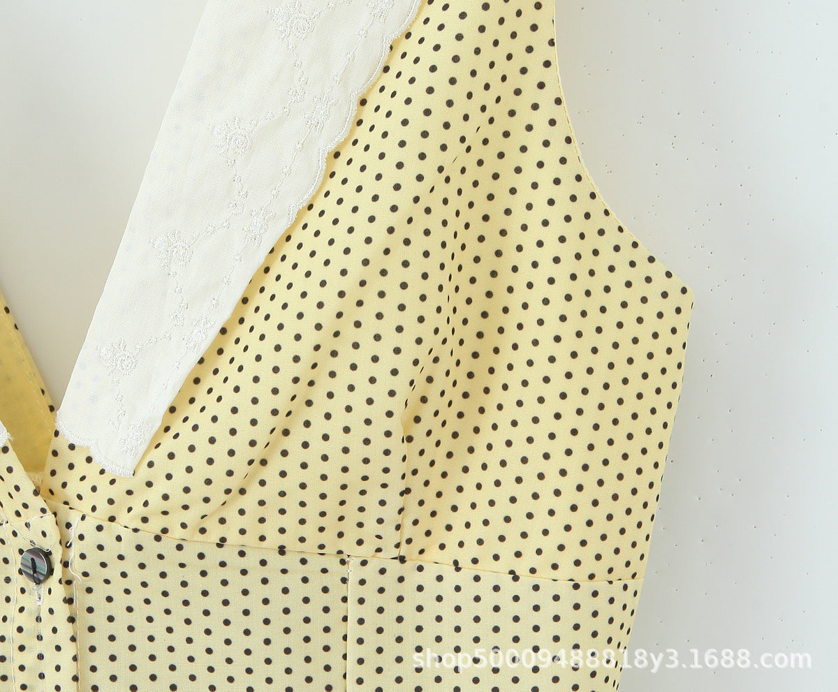 Sleeveless V Neck Polka Dot Dress In Polyester Fabric With Slim Fit And Knee-Length Design