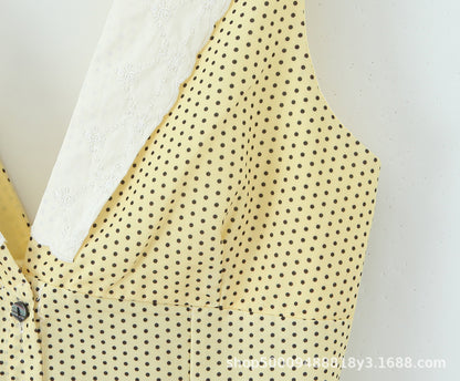 Sleeveless V Neck Polka Dot Dress In Polyester Fabric With Slim Fit And Knee-Length Design