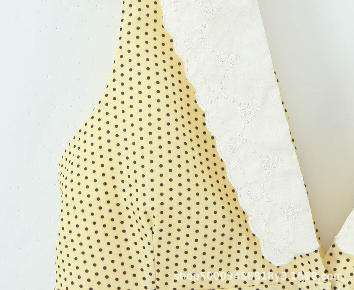 Sleeveless V Neck Polka Dot Dress In Polyester Fabric With Slim Fit And Knee-Length Design