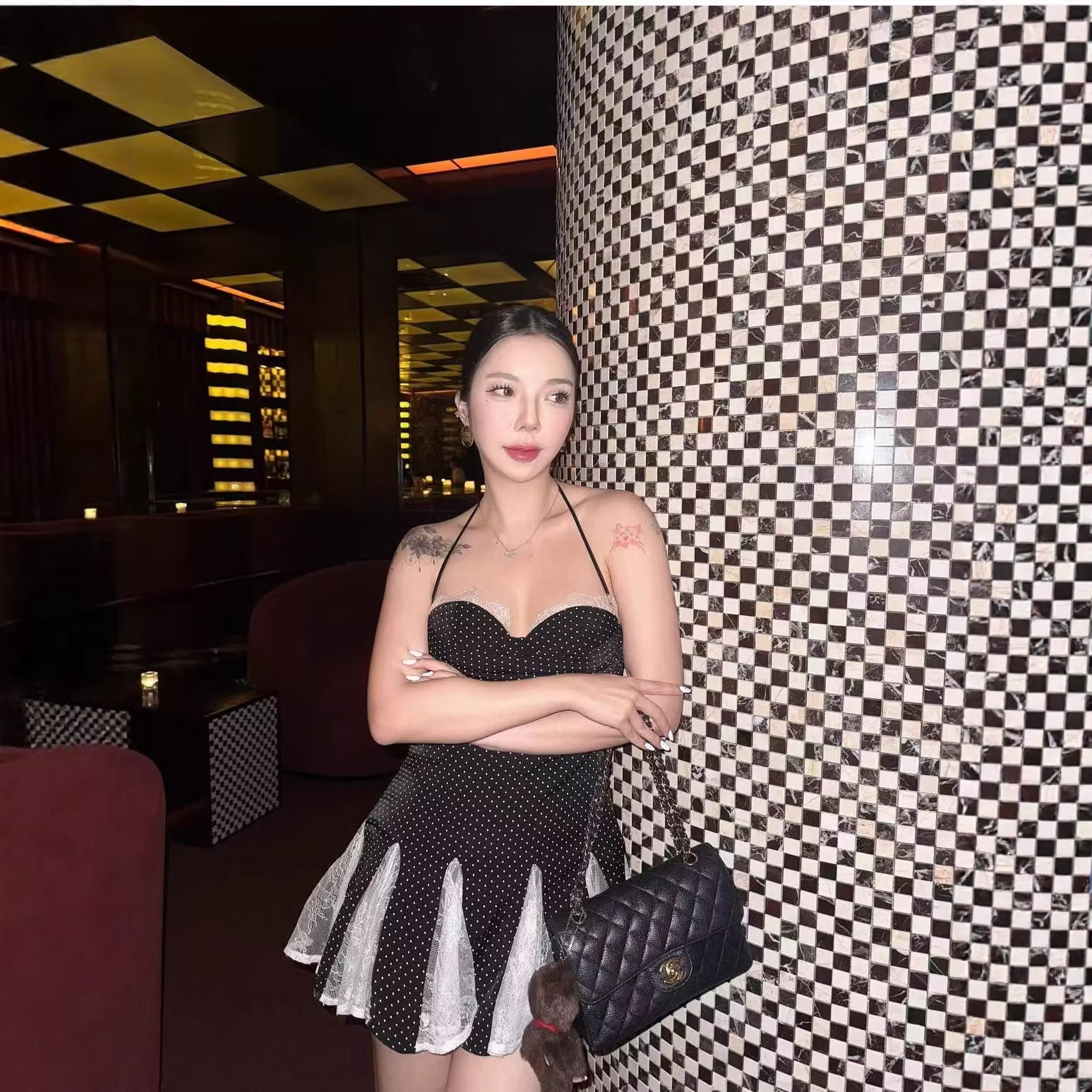Sexy Color Block Polka Dot Dress Sleeveless Collarless Design In Polyester Knee-Length