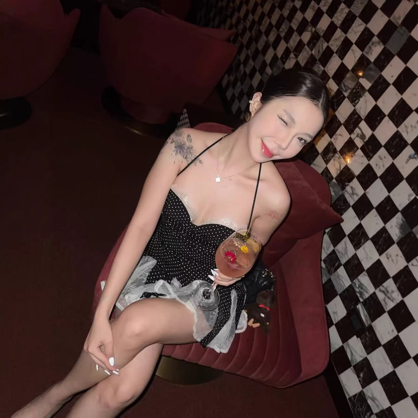 Sexy Color Block Polka Dot Dress Sleeveless Collarless Design In Polyester Knee-Length