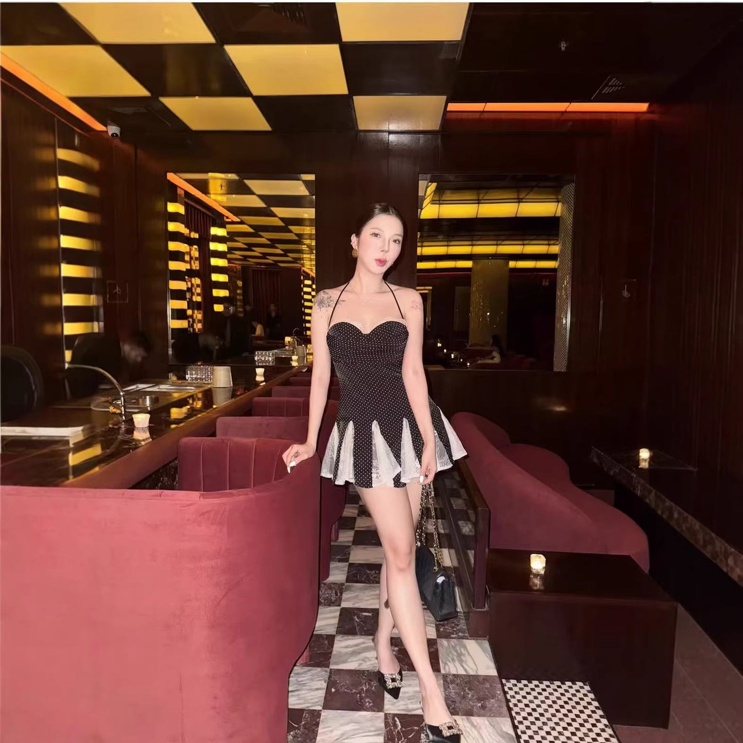 Sexy Color Block Polka Dot Dress Sleeveless Collarless Design In Polyester Knee-Length