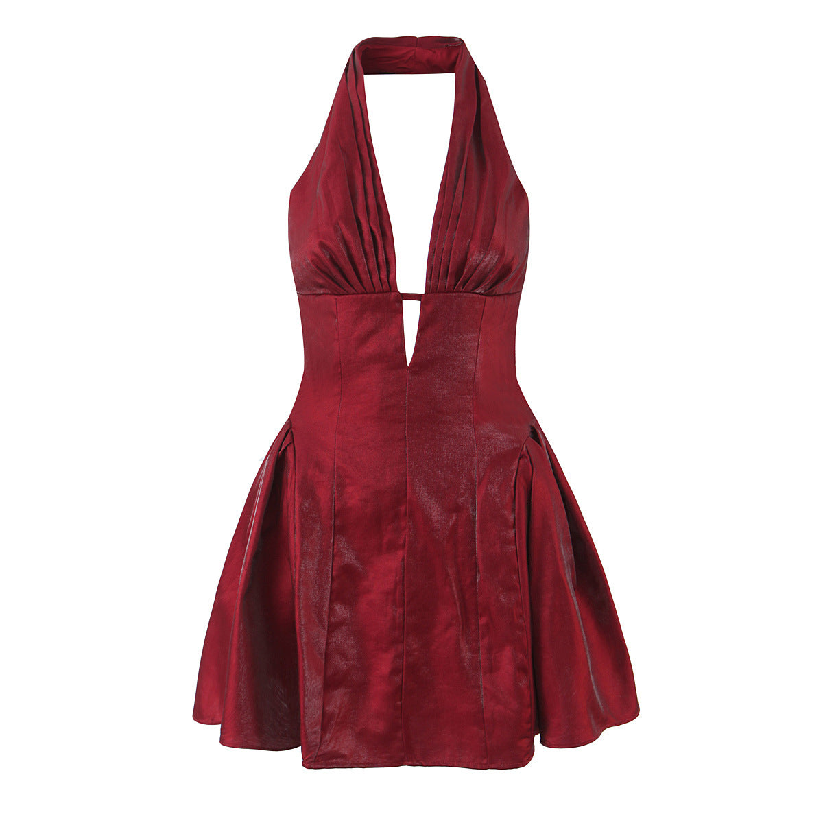 Solid Color Sleeveless Halter Neck Party Dress In Polyester With Knee-Length And Folds Design