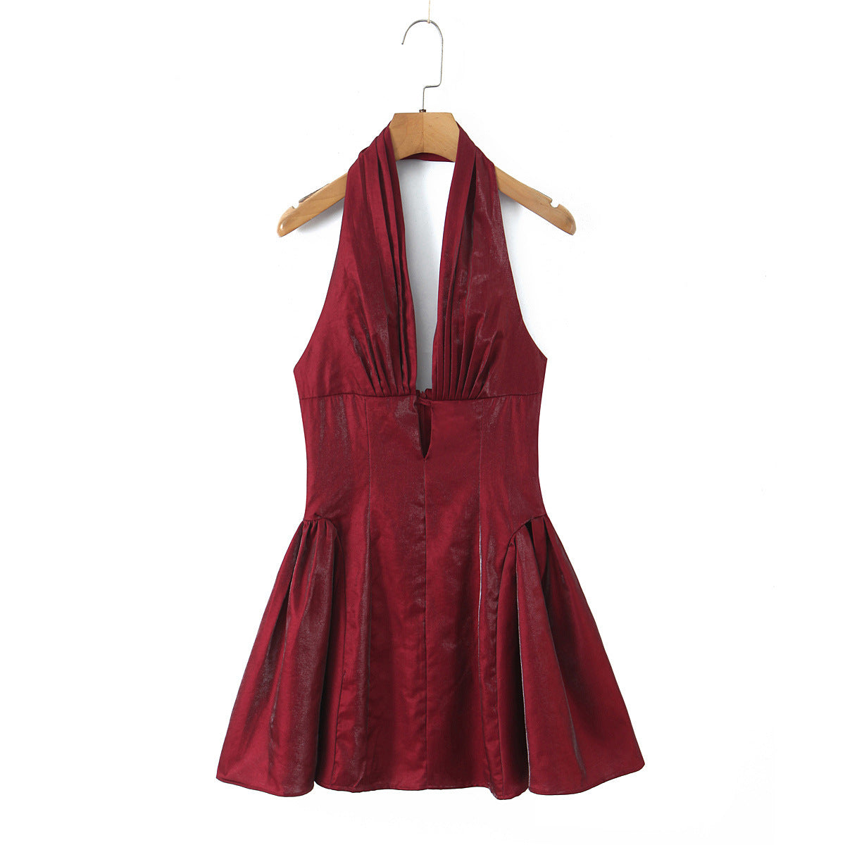 Solid Color Sleeveless Halter Neck Party Dress In Polyester With Knee-Length And Folds Design