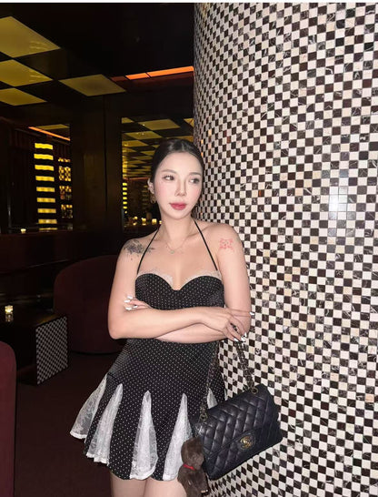 Sexy Color Block Polka Dot Dress Sleeveless Collarless Design In Polyester Knee-Length