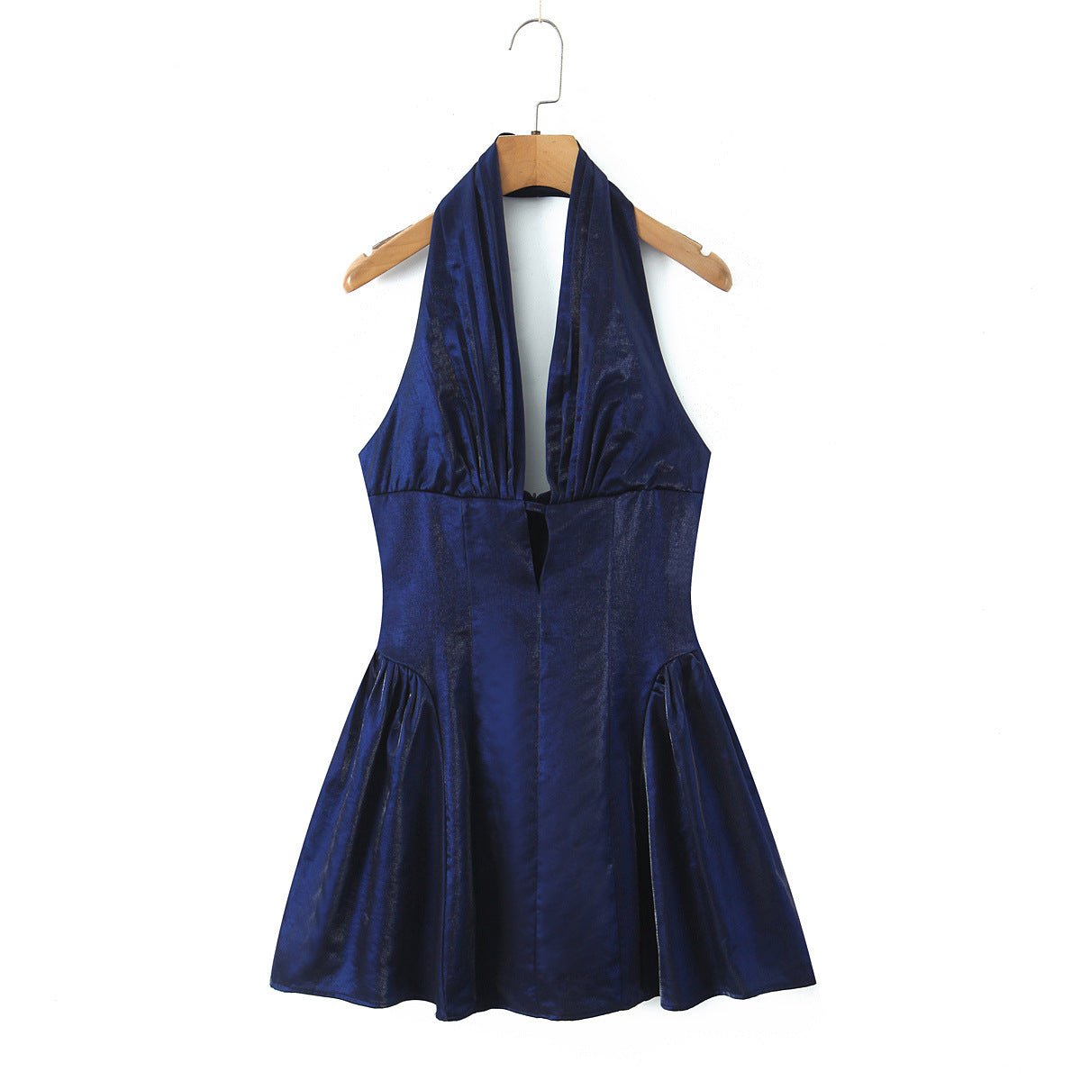 Solid Color Sleeveless Halter Neck Party Dress In Polyester With Knee-Length And Folds Design