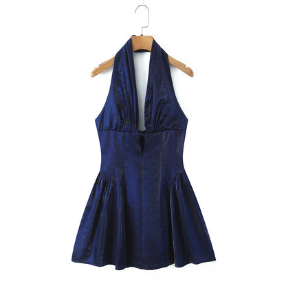 Solid Color Sleeveless Halter Neck Party Dress In Polyester With Knee-Length And Folds Design