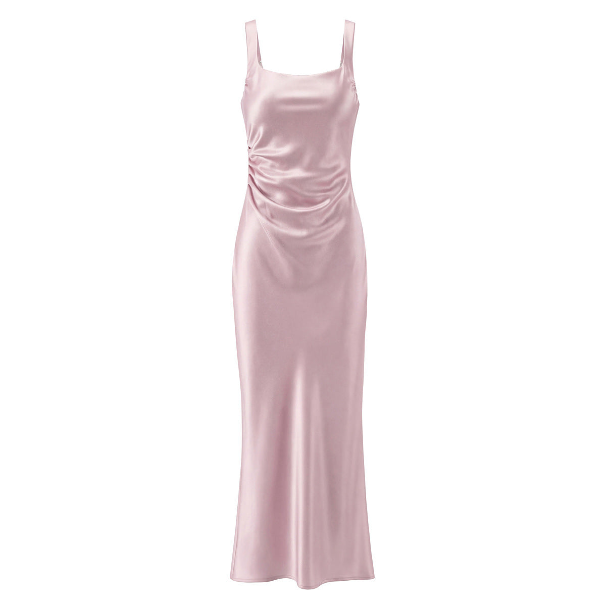 Sleeveless Satin Dress With Strap Neckline In Polyester Fabric, Slim Fit Maxi Long Dress
