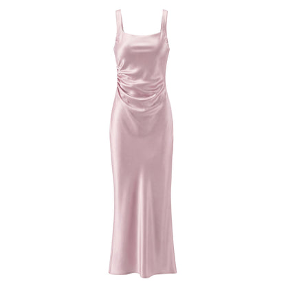 Sleeveless Satin Dress With Strap Neckline In Polyester Fabric, Slim Fit Maxi Long Dress