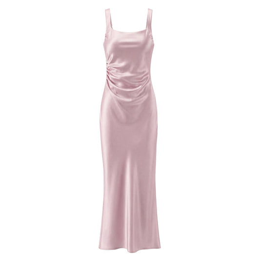 Sleeveless Satin Dress With Strap Neckline In Polyester Fabric, Slim Fit Maxi Long Dress