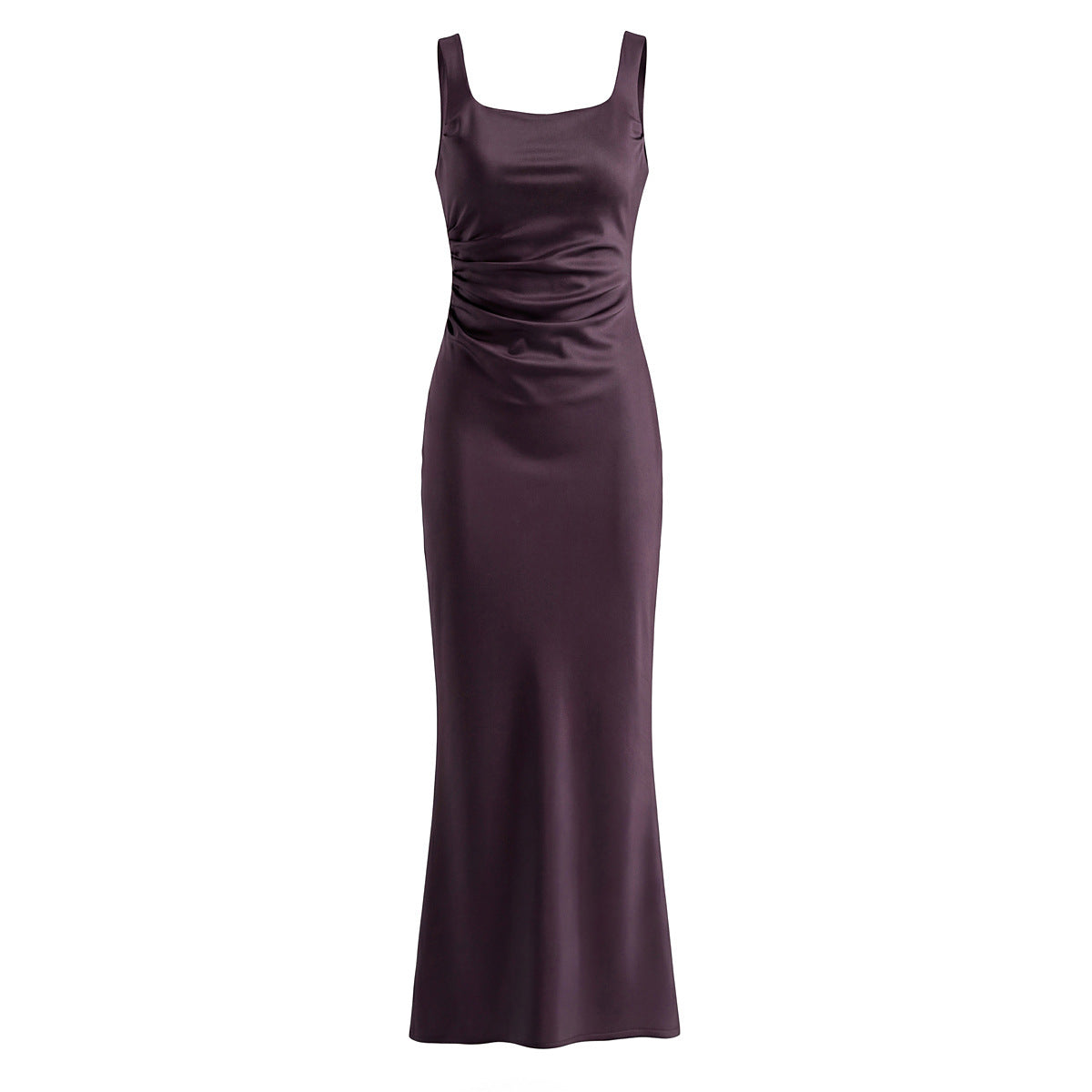 Sleeveless Satin Dress With Strap Neckline In Polyester Fabric, Slim Fit Maxi Long Dress