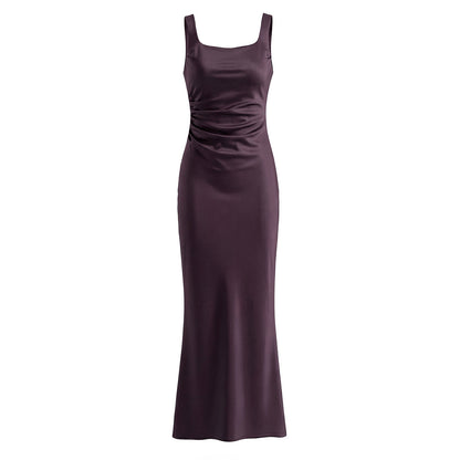 Sleeveless Satin Dress With Strap Neckline In Polyester Fabric, Slim Fit Maxi Long Dress