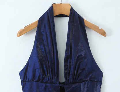 Solid Color Sleeveless Halter Neck Party Dress In Polyester With Knee-Length And Folds Design
