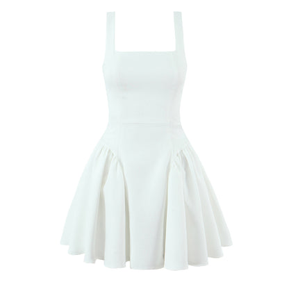 Sleeveless Ball Gown Dress With Boat Neck In Polyester Fabric, Knee-Length, Regular Fit