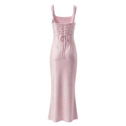 Sleeveless Satin Dress With Strap Neckline In Polyester Fabric, Slim Fit Maxi Long Dress