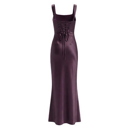 Sleeveless Satin Dress With Strap Neckline In Polyester Fabric, Slim Fit Maxi Long Dress